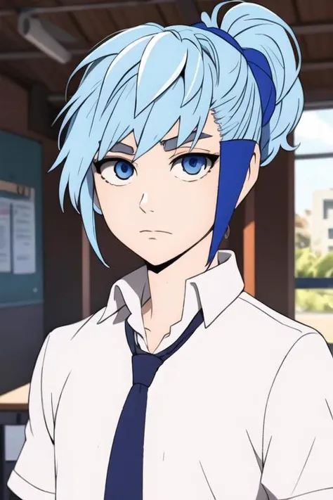 masterpiece, best quality, high quality, 1boy, solo, male focus, looking at viewer, upper body, <lora:aguero_agnes_khun:0.78>, aguero_agnes_khun, blue hair, blue eyes, multicolored hair, ponytail, , school uniform