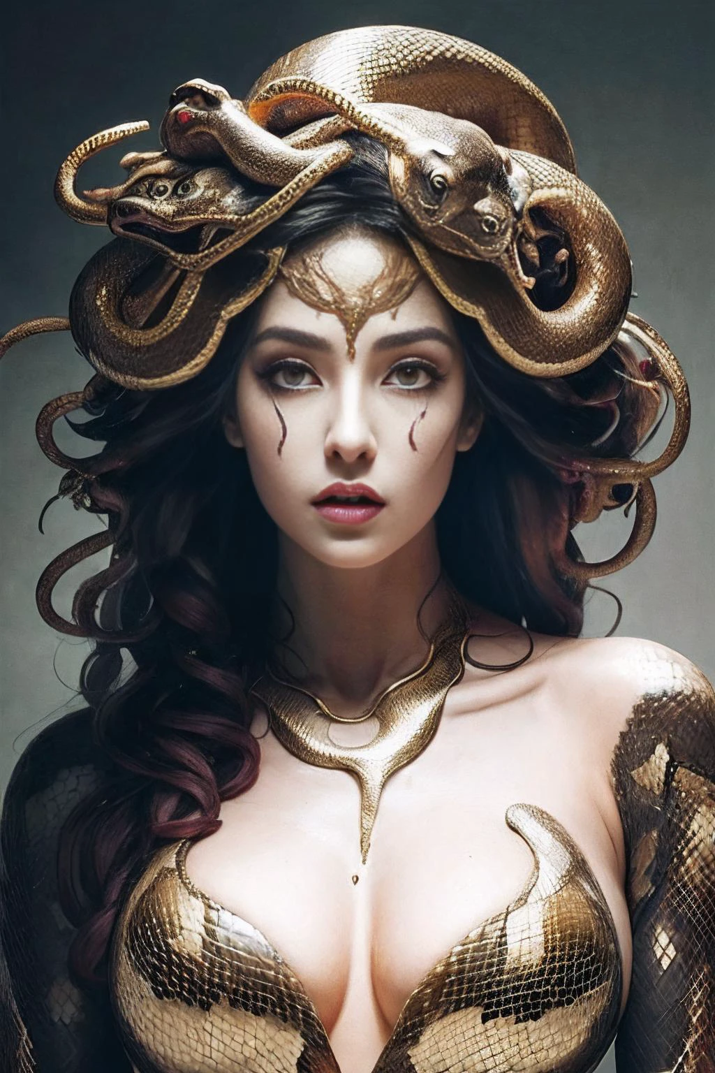 (masterpiece, top quality, best quality, official art, beautiful and aesthetic:1.2),
1girl, (sexy detailed and beautiful face), gold snake, golden snake eyes, gold theme, snake scale, snake skin, (snake scale dress), snake scale glove, gold makeup, ((snake hair)), ((slit pupils)), snake neckless, face tattoos, tattoos, pussy, nipples, (upper thighs shot), thunder background, <lora:gorgon:0.8>,