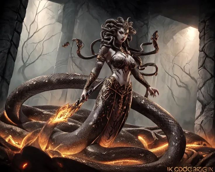 <lora:gorgon:0.7> gorgon, light gray skin, nsfw, snake eyes, angry face, gothic makeup, tribal markings, full body, dynamic angle, pale skin,
(masterpiece), best quality, highres, 4k, 8k, Detailed Illustration, intricate detail, cinematic lighting, amazing quality, amazing shading, soft lighting