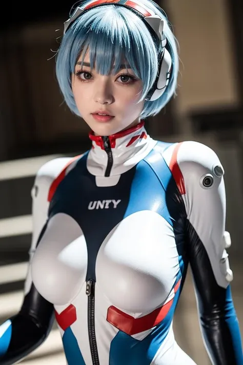 Rei Ayanami,ayanami rei,blue hair,plugsuit,short hair,red eyes,white bodysuit,lips,realistic,interface headset,bangs,pilot suit,cosplay,gloves,adapted costume,headgear,blurny background,turtleneck,science fiction,elbow gloves,polearm,thighhighs,blinds,swimsuit,upper body,cleavagedutch angl,one-piece swinsuit,1girl,sexy pose,best quality,masterpiece,illustration,an extremely delicate and beautiful,CG,unity,8k wallpaper,Amazing,finely detail,masterpiece,official art,extremely detailed CG unity 8k wallpaper,incredibly absurdres,huge filesize,ultra-detailed,highres,extremely detailed,beautiful detailed girl,realistic,full frontal,outdoors,light contrast,<lora:Rei Ayanami_20231022085519:0.8>,