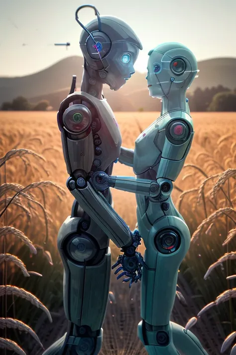 RAW photo, (1 boy, 1 girl), robots, science_fiction, whole body shot, one robot kissing the other robots cheek, (cocked leg),  standing in a field of wheat, with mountains in background, early morning,  realistic, (intricate details:1.5), 8k uhd, dslr, soft lighting, high quality, film grain, Fujifilm XT3,  <lora:LuisapHumanoidRobots_v1:1>