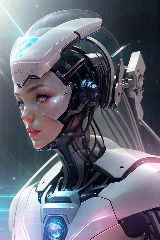 (single, alone , solo focus, american shot of :1.3) Monica Bellucci gorgeous space cadet robot standing looking at camera in front of a star field with a blue light shining on her chest, symmetric perfect body, clear white skin, skin details, Ivory hair , depth of field, extremely intricate details, tight Ruber bodysuit, metallic cape, jet-pack boots, light pink eyes looking at camera, realistic proportions, combat pose, light beams out of hands, Artgerm, stanley artgerm lau, cyberpunk art, fantasy art, ( crystal face shield :1.1) , spaceships on the background
