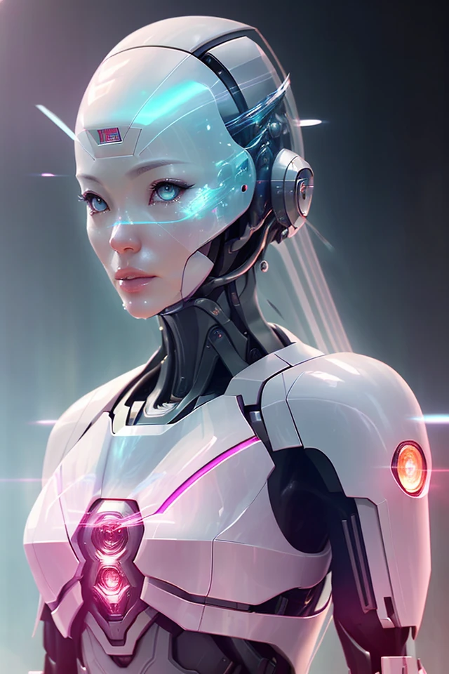 (single, alone , solo focus, american shot of :1.3) Lucy Liu gorgeous space cadet robot standing looking at camera in front of a star field with a blue light shining on her chest, symmetric perfect body, clear white skin, skin details, Cameo pink hair , depth of field, extremely intricate details, tight Jasmine bodysuit, metallic cape, jet-pack boots, light pink eyes looking at camera, realistic proportions, combat pose, light beams out of hands, Artgerm, stanley artgerm lau, cyberpunk art, fantasy art, ( crystal face shield :1.1) , spaceships on the background
