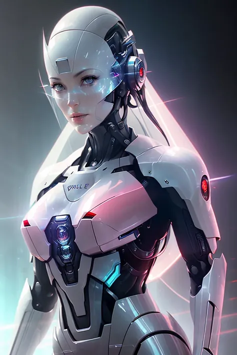 (single, alone , solo focus, american shot of :1.3) Monica Bellucci gorgeous space cadet robot standing looking at camera in front of a star field with a blue light shining on her chest, symmetric perfect body, clear white skin, skin details, Bisque hair , depth of field, extremely intricate details, tight Davy's grey bodysuit, metallic cape, jet-pack boots, light pink eyes looking at camera, realistic proportions, combat pose, light beams out of hands, Artgerm, stanley artgerm lau, cyberpunk art, fantasy art, ( crystal face shield :1.1) , spaceships on the background