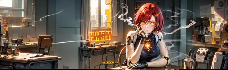 (solo), 1 robot girl, mature,  
smile, (((robot, humanoid robot, wire))), with ((panel lining skin)).
(smoking mouth cigarette:1.6),  in a office, library, book, bookshelf, factory with mechanical part, (coffee, coffee mug:1.4)
(lying on a desk),
she wear a (business sleeve shirt), 
robot joints, mechanical arms, robot shoulder,
intricated eye, detailed eyes, (yellow eye), (glowing eyes:1.6), 
(body made out of carbon fiber, articifial muscle, and golden light)
<lora:Real_Humanoid_Robot:0.4>, (cable), (diy, 3d printed)
<lora:robot_skin_v1.0:0.5>
<lora:cyborgbot:0.5>
<lora:terminate_yiu_v10:0.4>
<lora:PepeSilviaMeme:0.6> (PepeSilviaMeme:1.4), (wall, paper), working, work hard, writing, reading, tierd,
with a (beautiful prideful look),
(medium breasts), 
<lora:BreastsApartV1:0.1>
 <lora:downblouse-v1:0.2> DOWNBLOUSE, LOOSE T-SHIRT, LEANING FORWARD 
<lora:downblouseConv2D2.5e-5_BF16:0.3>
(adult woman with scar, tattoos:1.1), (body writing:1.2)
She have short_hair, ((red hair), gradient hair, yellow colored tips)
((masterpiece, best quality, high_resolution, distinct_image)),