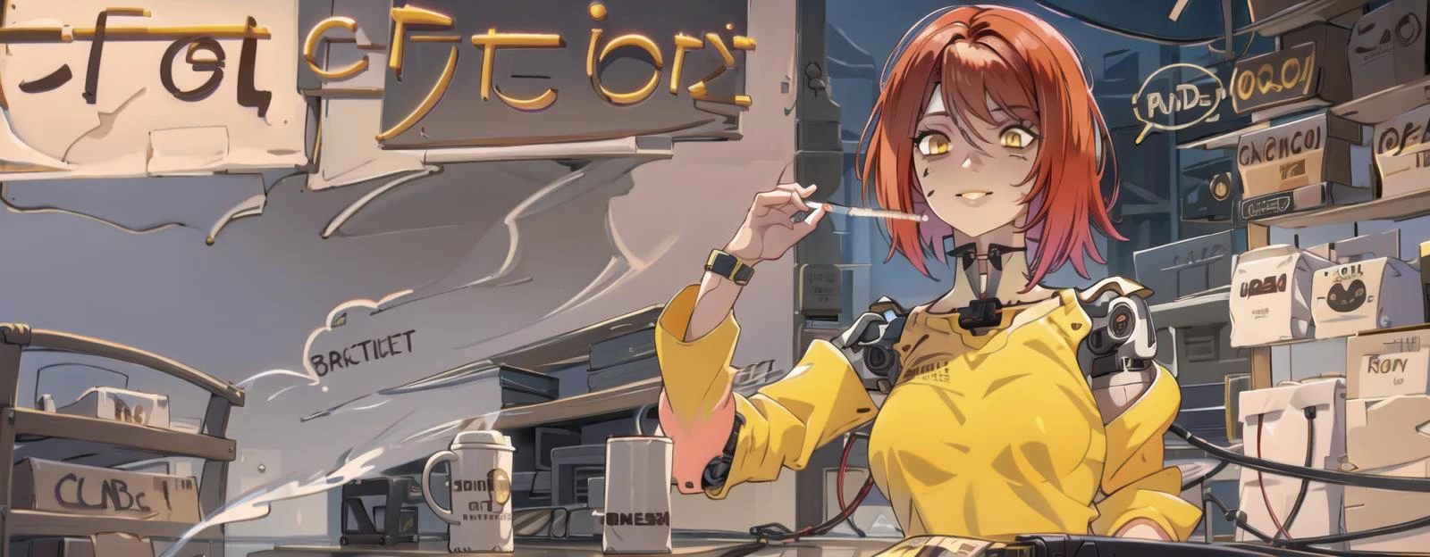 smile,
solo, 1girl, (sitting behind a desk), (sitting on a office chair)
(smoking cigarette:1.5), (drinking coffee, coffee mug:1.2)
((robot, humanoid robot, wire)), with (panel lining skin).
she wear a (business suit, (sleeve shirt)), in a office, library, book, bookshelf, factory with mechanical part,
<lora:PepeSilviaMeme:0.5> (PepeSilviaMeme:1.3), (wall, paper), working, work hard, writing, reading, tierd,
<lora:bags under eyes:0.8>
(bags under eyes:1.4)
(tired, fatigues, stress, exhausted, black eyes, shiner), motion_lines, ^^^, trembling,
((masterpiece, best quality, high_resolution, distinct_image)),
with a (beautiful prideful look)
(body made out of carbon fiber, articifial muscle, and golden light)
<lora:Real_Humanoid_Robot:0.8>, (robot), (cable:1.4), (diy, 3d printed)
<lora:robot_skin_v1.0:0.7>
<lora:cyborgbot:0.4>
<lora:terminate_yiu_v10:0.15>
(hanging breasts, sagging breasts, saggy:0.2),
<lora:nagachichiD:0.1> , <lora:sagging breasts:0.01> , <lora:Saya-long breasts3:0.01> , <lora:Sagging Breasts v1:0.01>, <lora:taretiti-v1:0.01>, <lora:BreastsApartV1:0.02>
<lora:mystits:0.01>, <lora:uber_saggy2:0.01>
intricated eye, detailed eyes, (yellow eye)
(adult woman with scar, tattoos), (body writing)
She have short_hair, ((red hair), gradient hair, yellow colored tips)