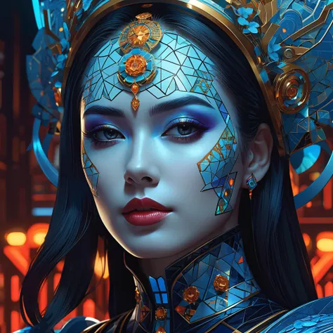 Ultra detailed beautiful female android, side portrait, sharp focus, highly detailed vfx portrait, geometric shapes, global illumination, by james jean and moebius and artgerm and liam brazier and victo ngai and tristan eaton. vector art, digital illustration, concept art, dia de los muertos. 8 k, hdr