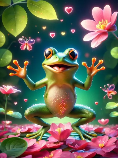 (no human: 1.3), illustrious, Darling, cute frog animal made of ral-vltne, big eyes, dancing on leaves and flower petals, (colorful: 1.2), 3d, <lora:ral-vltne:0.8>