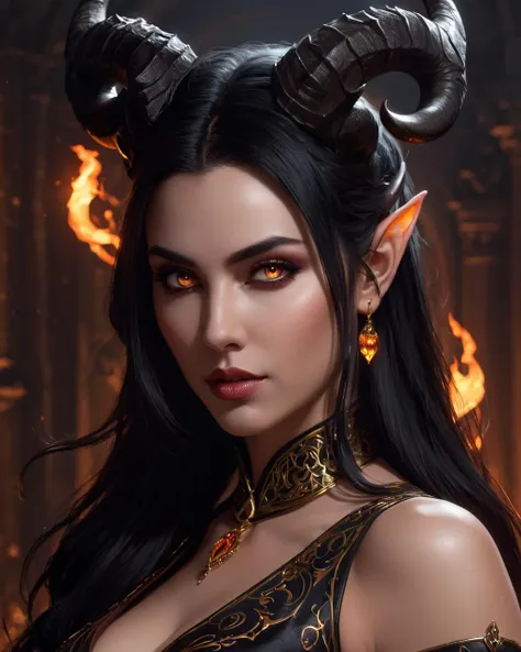 Portrait of female succubus with black hair and glowing amber eyes and horns, dnd, fantasy, intricate, elegant, highly detailed, digital painting, artstation, concept art, smooth, sharp focus, illustration, art by narcisse navarre