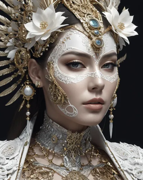 Complex 3 d render of a beautiful fascinating biomechanical female cyborg with a porcelain face, analog, beautiful natural light, rim light, 1 5 0 mm lens, aztec warrior, feathers, piercing, aztec tattoos, white blossoms, vanilla leaves and stems, sinuous roots, white blossoms, fine foliage lace, steampunk, silver gold filigree details, alexander mcqueen high fashion haute couture, pearl earring, art nouveau fashion embroidered, hexagonal mesh wire, mandelbrot fractal, facial muscles, cable wires, microchip, elegant, beautiful natural light, studio lights, rim light, highly detailed, hyperrealistic, sharp, octane render, h. r. giger style, volumetric lighting, 8 k post production