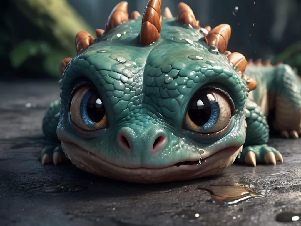 A cute dragon in tears, crying dragon, tears, sad eyes, big sad eyes, staring at camera sobbing