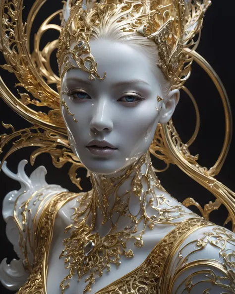 photo, 8k ((surreal)) alien marble sculpture sitiontatue, intricate, elegant, highly detailed, majestic, digital photography, art by artgerm and ruan jia and greg rutkowski surreal painting gold and siver  filigree, broken glass, (masterpiece, sidelighting, hdr, realistic, high defin