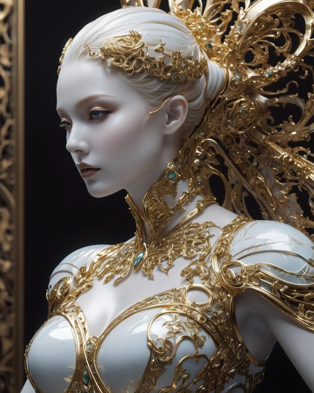 photo, 8k ((surreal)) alien marble sculpture sitiontatue, intricate, elegant, highly detailed, majestic, digital photography, art by artgerm and ruan jia and greg rutkowski surreal painting gold and siver filigree, broken glass, (masterpiece, sidelighting, hdr, realistic, high defin