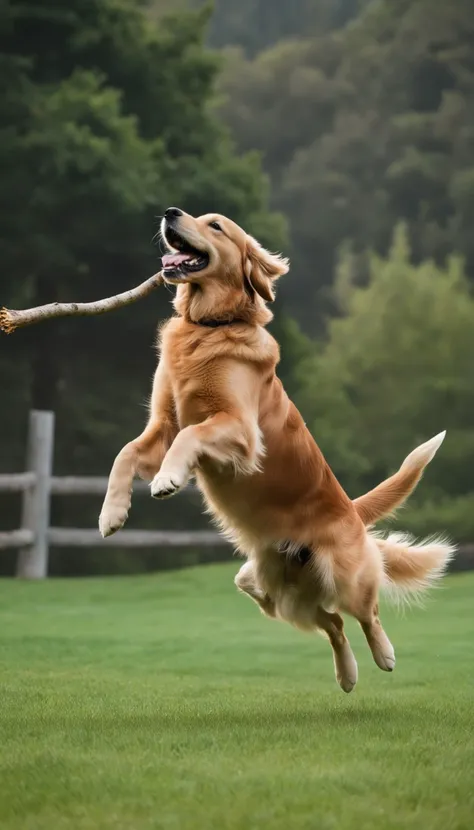 Golden retriever jumping to catch a stick