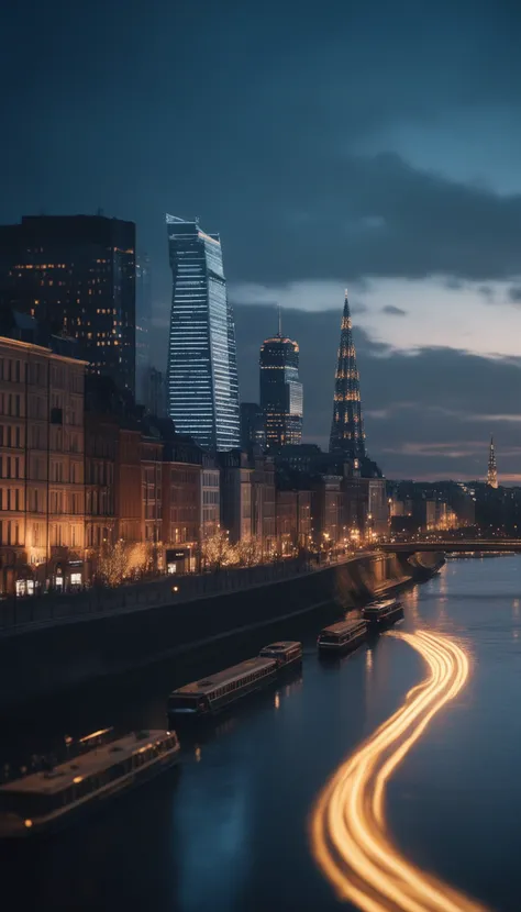 cinematic photo of a city by the river, 35mm photograph, film, bokeh, professional, 4k, highly detailed