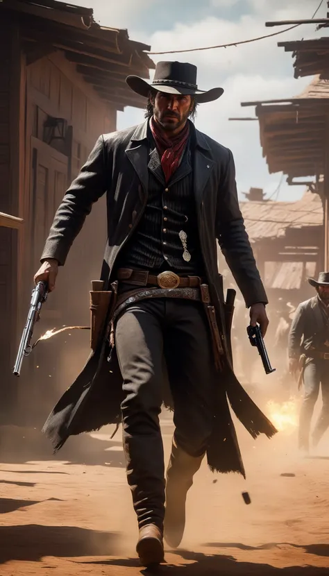 Intricate dynamic action shot of cowboy in a shootout, cinematic Steve Henderson Fabian Perez Henry Asencio Jeremy Mann Marc Simonetti Fantasy, red dead redemption 2 atmosphere, cinematic, photograph