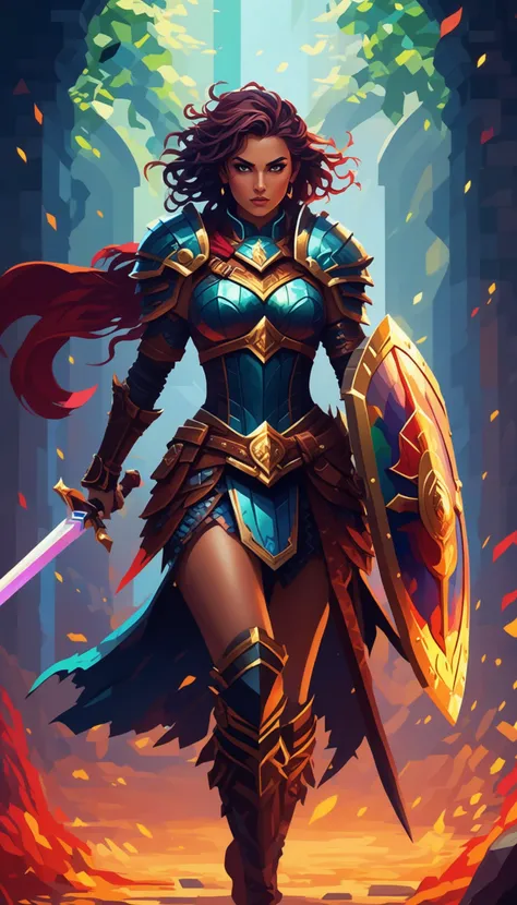 Pixel art of a fierce female warrior with a sword and shield in a fantasy setting, featuring vibrant colors, dynamic lighting, and a dramatic, epic mood