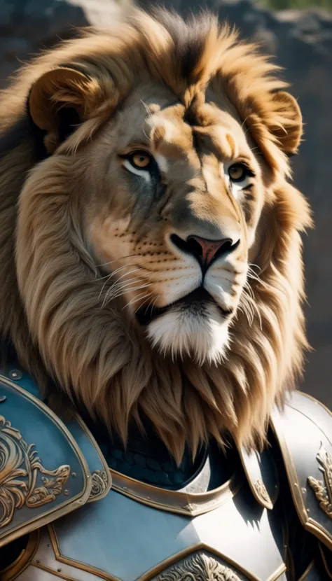 a lion in armor poses for a picture, cinematic close shot