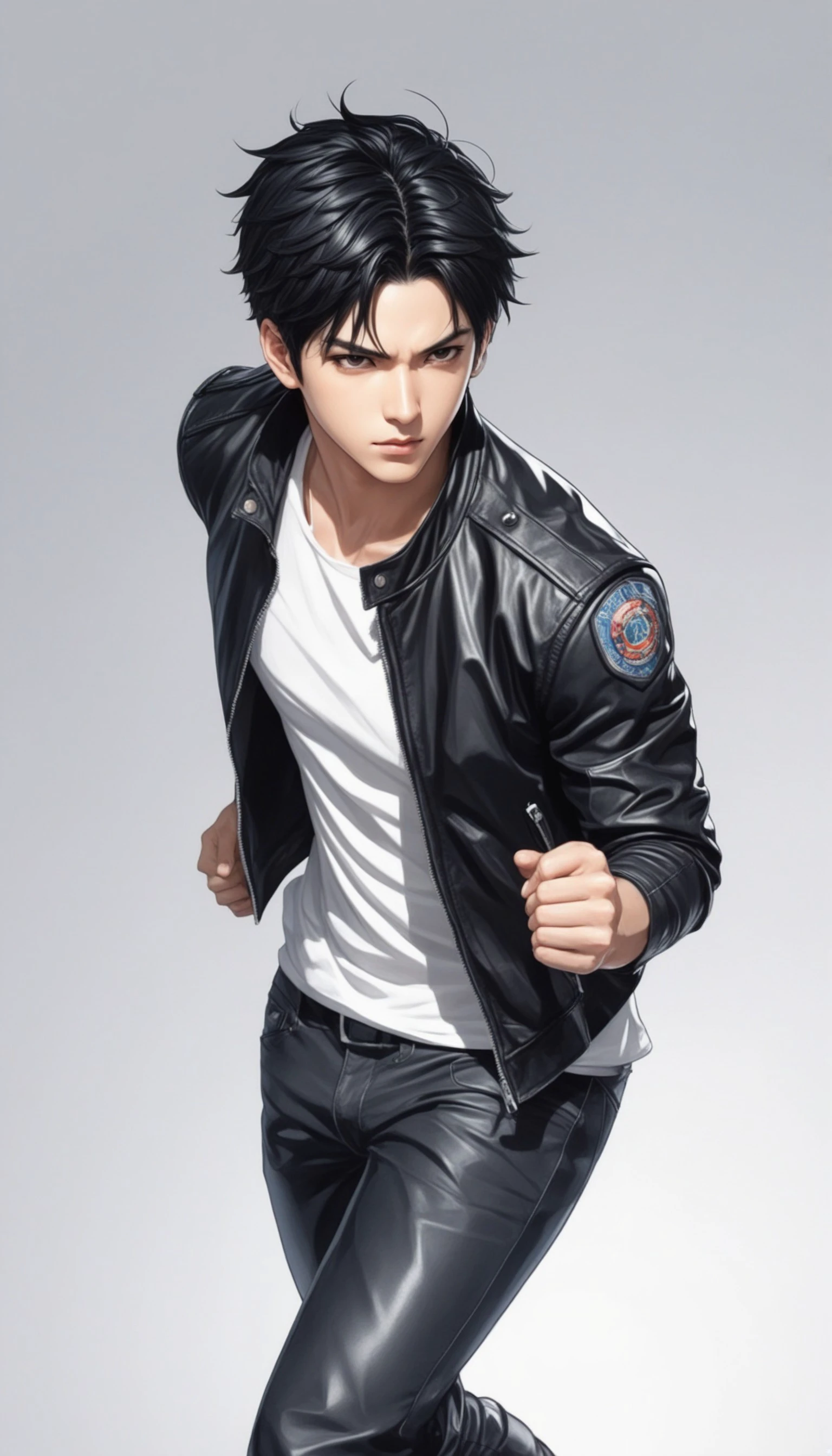 1boy, black hair, white background, short cut hair, leather jacket, tshirt, upper body, detailed shape, detailed line, art of fighting attitude, color manga style