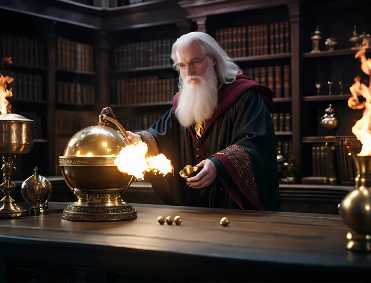 cinematic photo [parameters:  professional, 4k, highly detailed]
[location: magic room with sparkling magic dust]
[action: old_wise_magician bearded  brewing magic shiny potion]
[scene details 1: intricate old furniture] [scene details 4: magic fire_spell_hurricane_flames, spell as glowing ball in hand]
[scene details :  library of leather bands  detailed magic stick, ornamentic dress]
[scene details 2: style of harry potter film] . . 35mm photograph, film, bokeh, professional, 4k, highly detailed