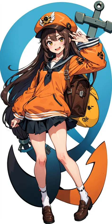 may (guilty gear) , 1girl , anchor ,bag ,bag charm ,black socks ,blush ,brown eyes ,brown hair ,charm (object) ,flat chest ,full body ,grin ,loafers ,long hair ,orange headwear , school uniform ,serafuku , shoes ,skirt , smile , socks ,solo ,very long hair,  <lora:May:0.7>