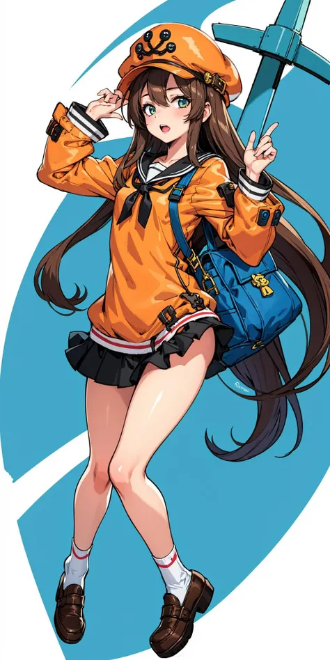 may (guilty gear) , 1girl , anchor ,bag ,bag charm ,black socks ,blush ,brown eyes ,brown hair ,charm (object) ,flat chest ,full body ,grin ,loafers ,long hair ,orange headwear , school uniform ,serafuku , shoes ,skirt , smile , socks ,solo ,very long hair, <lora:May:0.7>