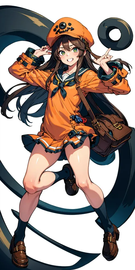 may (guilty gear) , 1girl , anchor ,bag ,bag charm ,black socks ,blush ,brown eyes ,brown hair ,charm (object) ,flat chest ,full body ,grin ,loafers ,long hair ,orange headwear , school uniform ,serafuku , shoes ,skirt , smile , socks ,solo ,very long hair, <lora:May:1>