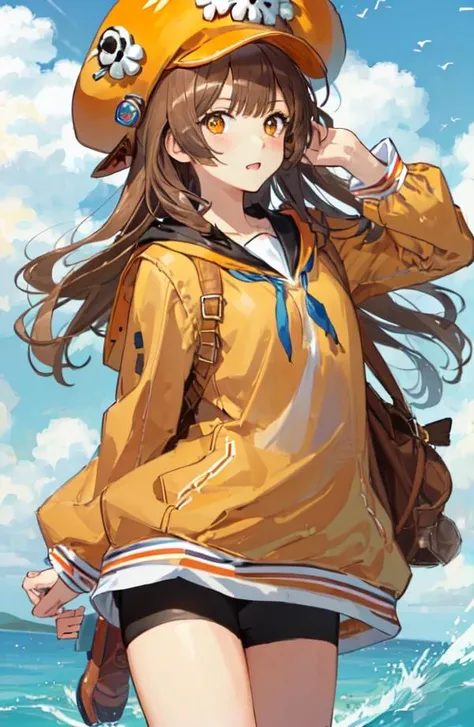 (masterpiece, best quality), (cute girl), (mayms), long brown hair, brown eyes, wearing yellow jacket, yellow hat, seaside, absurdres, <lora:May:1>