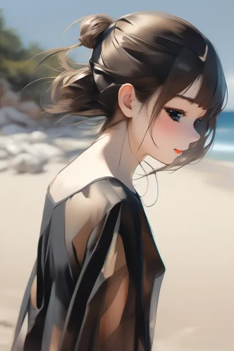 tie behind the head, cute girl at beach in sheer black top, in the style of meticulous realism, dark white and light bronze, bloomcore, dappled, dynamic color, loose and fluid, erudite