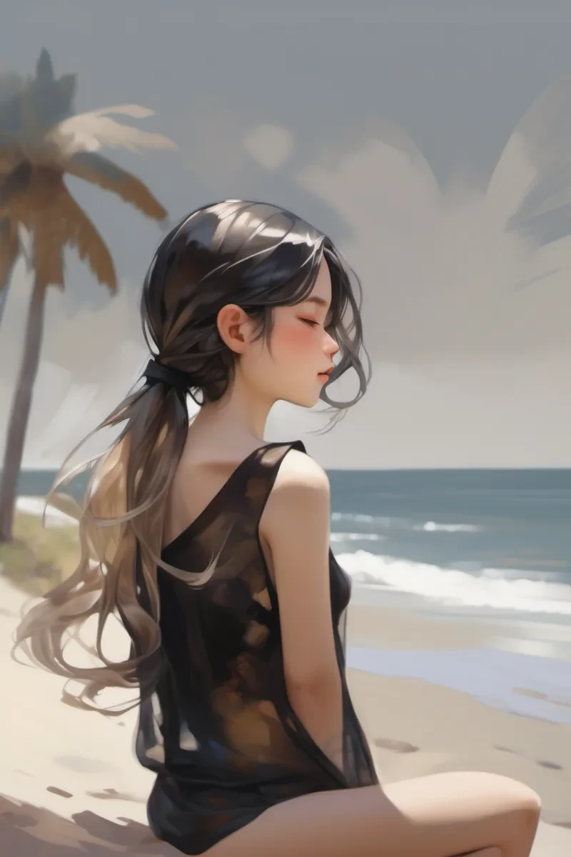 tie behind the head, cute girl at beach in sheer black top, in the style of meticulous realism, dark white and light bronze, bloomcore, dappled, dynamic color, loose and fluid, erudite