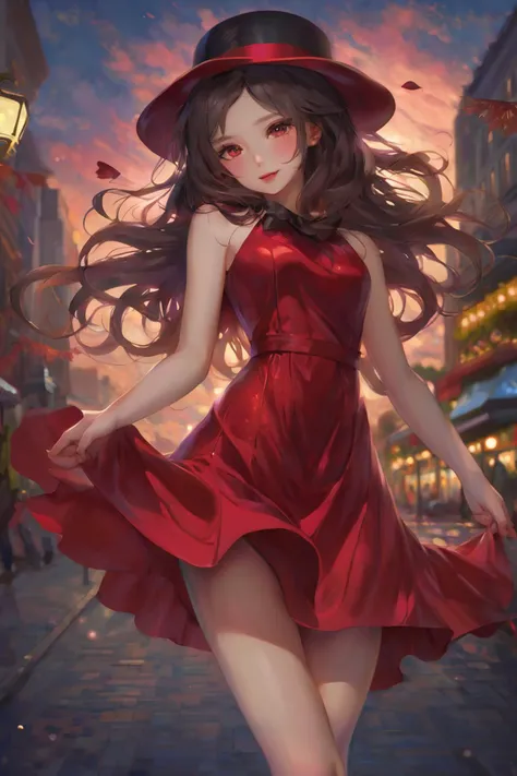 a girl in a red dress dancing at the night street, official art, a detailed painting, bowler hat