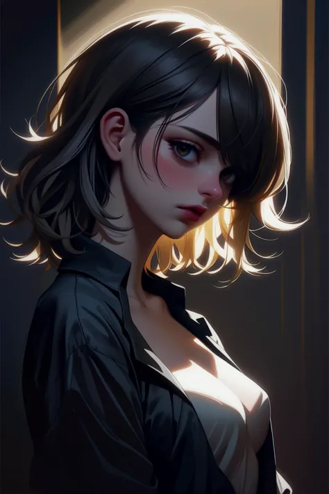 masterpiece, best quality, high quality, highres, absurdres,
1girl,
chiaroscuro, (high contrast):1.2, dramatic shadows, bold highlights, moody atmosphere, captivating intensity, expressive brushwork