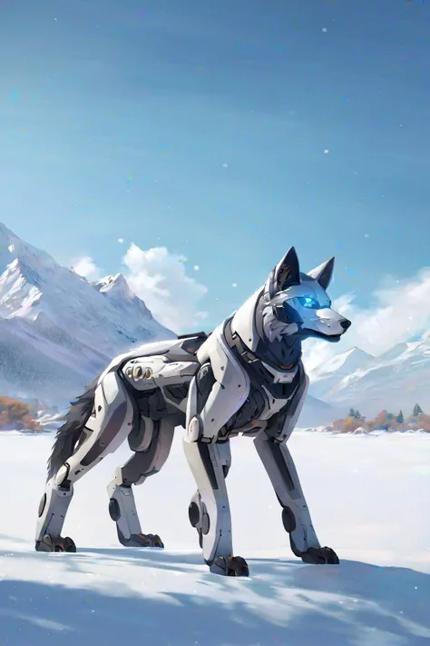 mecha wolf,
animal, bare tree, blue sky, day, desert, lake, mecha, ,
mountainous horizon, no humans, outdoors, pine tree, science fiction, sky, snow, tail, tree, winter, wolf
