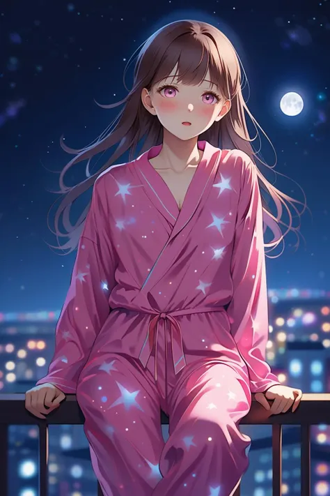 A girl looks up at the night sky from the balcony, pink pajamas, white breath, anxious eyes, sketch, translucent atomospher