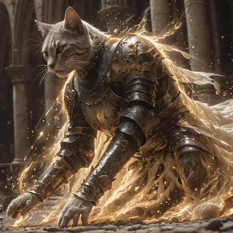 breathtaking an majestic soul knight cat,soul particals around the knight,night,HD,best quality,hyper detailed,ultra detailed,super realistic,<lora:Soul_Knight_SDXL_-_By_HailoKnight:0.8>,background light,deep shadows,downtown, . award-winning, professional, highly detailed