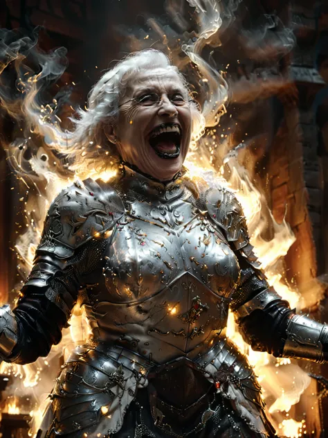 a (full body:1.2) cinematic shot of (an elderly grandma:1.1) laughing, maniac, wide open mouth black lips, pearly white teeth, wrinkly skin, as soul knight, arms up flexing victory pose, (soul leaving the body in the style of ethereal light effects:1.2),(soul particles around the knight:1.2), fantasy tavern in background, night, HD, masterpiece, best quality, hyper detailed, ultra detailed, super realistic,<lora:Soul_Knight_SDXL_-_By_HailoKnight:0.8>, highpoly 3D game render,<lora:XLEnhance:1>