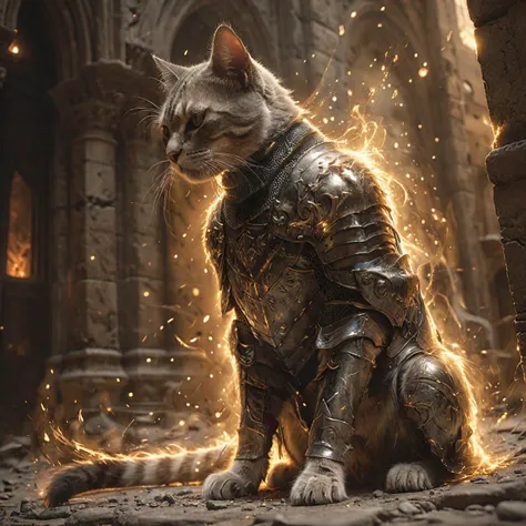 breathtaking an majestic soul knight cat,soul particals around the knight,night,HD,best quality,hyper detailed,ultra detailed,super realistic,<lora:Soul_Knight_SDXL_-_By_HailoKnight:0.8>,background light,deep shadows,downtown, . award-winning, professional, highly detailed