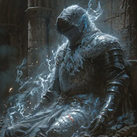 breathtaking an ancient soul knight statue,protecting an rotten throne,lone forgotten place,waiting the eternity,soul particals around the knight,night,HD,best quality,hyper detailed,ultra detailed,super realistic,<lora:Soul_Knight_SDXL_-_By_HailoKnight:1>,[blue:black],hood,no face,weathered with vivid details engraved armor,background light,deep shadows,bonfire,broken, . award-winning, professional, highly detailed