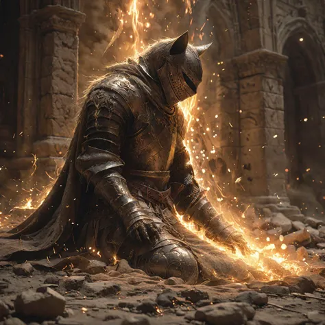 breathtaking an ancient soul knight cat,lone forgotten place,waiting the eternity,soul particals around the knight,night,HD,best quality,hyper detailed,ultra detailed,super realistic,<lora:Soul_Knight_SDXL_-_By_HailoKnight:0.8>,background light,deep shadows,bonfire,broken,downtown, . award-winning, professional, highly detailed