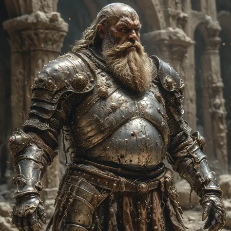 a massive dwarf commander with detailed armor and enchanted platings standing between his skeletal company. His majestic long beard is old but honourable.,massive armored,
absurdres,HD,HDR,amazing quality,masterpiece,best quality,hyper detailed,ultra detailed,UHD,perfect anatomy,
<lora:Soul_Knight_SDXL_-_By_HailoKnight:0.6>,<lora:RPGLeraieXL:0.3>,<lora:add-detail-xl:1>,metallic luster,