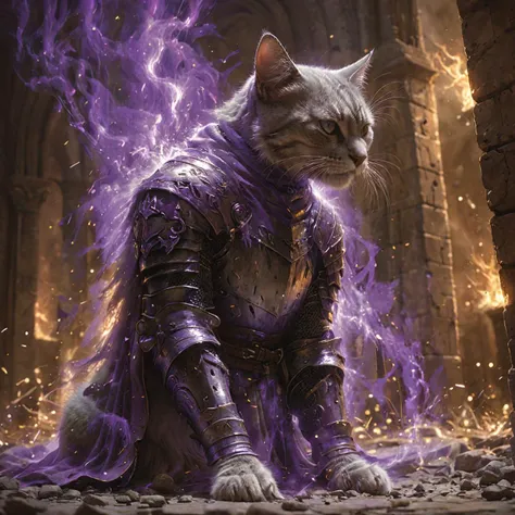 breathtaking an majestic soul knight cat,soul particals around the knight,night,HD,best quality,hyper detailed,ultra detailed,super realistic,<lora:Soul_Knight_SDXL_-_By_HailoKnight:0.8>,background light,deep shadows,downtown, . award-winning, professional, highly detailed