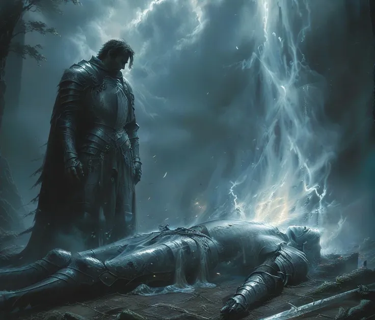 soul knight, arthur mourns a friend, outside in the woods, full body, (from front:2), looking at viewer, dark and light atmosphere, masterpiece, best quality, <lora:Soul_Knight_SDXL_-_By_HailoKnight:1> <lora:add-detail-xl:1>