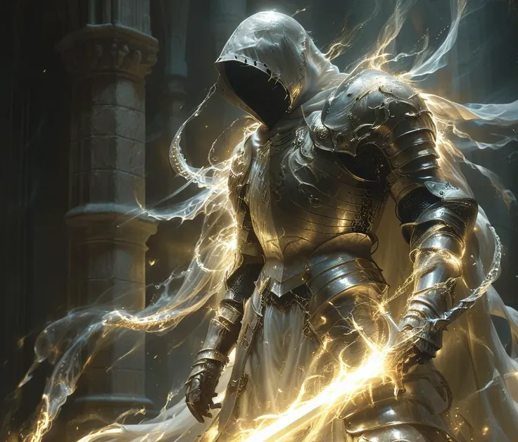 soul knight, diablo 2, archangel Tyrael in full armor and (long shining tentacle_like wings:1.8), (illuminating sword:1.6), (chained hood:1.8), full body, (from front:2), looking at viewer, in background a detailed cathedral, dark atmosphere, <lora:Soul_Knight_SDXL_-_By_HailoKnight:1> <lora:add-detail-xl:1>