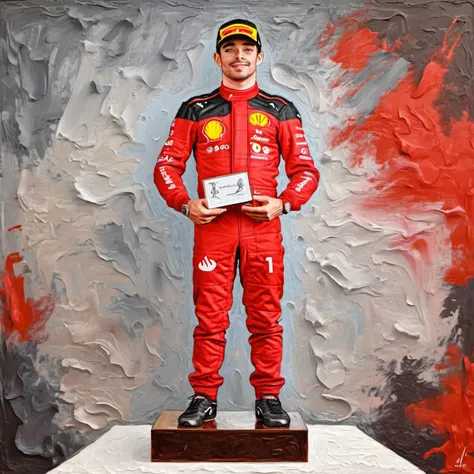 impasto impressionism(1.8), hand drawn, charles leclerc man, standing on podium with trophy  <lora:CHARLES_LECLERC-000004:1>