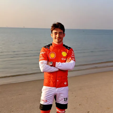charles leclerc, on a beach, holding an orange, <lora:CHARLES_LECLERC-000004:1>