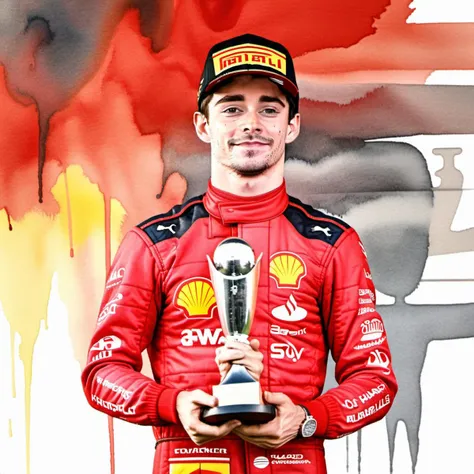 watercolor(1.8), charles leclerc man, standing on podium with trophy <lora:CHARLES_LECLERC-000004:1>