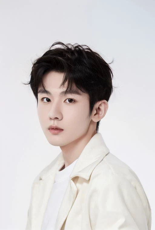 chengyi,1boy,white coat, simple background, With snow gently falling in the background,upper body,staring at viewer,close-up,upper body