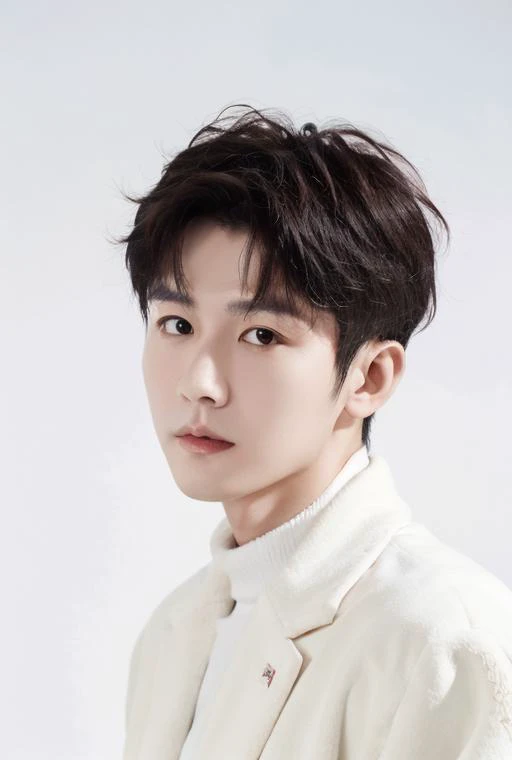 chengyi,1boy,white coat, simple background, With snow gently falling in the background,upper body,staring at viewer,close-up,upper body