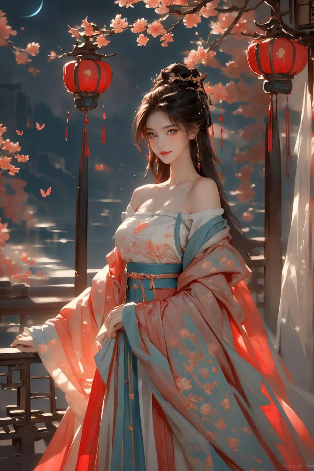 realistic, photorealistic, best quality, masterpiece, ultra high res, finely detailed, quality, realistic lighting, detailed skin, intricate details, raw photo, absurdres, highres, ultra detailed, BREAK, 1girl, solo, looking at viewer, 18 years old, hand of Guido Daniele, (-Hanama wine, gufeng, bare shoulders, long hair, black hair, depth of field, cinematic lighting, Cityscape, full moon, China, Chinese style, Fireworks, Lively Ancient Chinese Street Scene, Red Lanterns, Bloom, Shine, Sparkling Star, flying petals in the wind, scenery, paradise, heavenly light, pink and blue skies, sky gradation, field of flowers, landscape, background art, cherry blossom trees, pink petals in wind, shrubbery, alpenglow, mountains, waterfalls, cascading waterfalls flowing into each other, tulips, roses, jasmine flowers, carnations, casa blanca lilies, butterflies flying, rainbow, double rainbow, gaps between clouds with sunlight filtering between them, sun flare, bokeh, (glowing:1.5), Glowing, hologram, rainbow colors, neon rainbow, (silhouette outline only,(neon the shape of silhouette)), (outline neon tube light illumination only), (shining brightly neon illumination:1.4), moon, architecture,tree, standing, full moon, hair bun, east asian architecture, single hair bun, hanfu, long sleeves, railing, chinese clothes, scenery, dress, sliding doors, lantern, night, night sky, starry sky, cloud, building, house, jewelry, earrings, sharp focus, light ray, high contrast colours, vibrant colors, smug expression, grin, cowboy shot, Dynamic Pose, Dynamic Angle, colorful, long eyelashes, complex background, full-face blush, parted lips, solo focus, blush), (beautifu and aesthetic face, detailed face, clean facial features, an extremely delicate and beautiful, beautiful detailed eyes, stars in the eyes, Pink lips, Glowing Eyes, perfect face, detailed pupils, Makeup:1.1), (nice hands, sexy, slim, large breasts, skinny, narrow waist, human anatomy:1.1), (detailed light, beautiful detailed glow, detailed background:1.1), (reflection, refraction, Rembrandt lighting, diffuse lighting, radiosity, photon mapping, subsurface scattering, dynamic lighting, Multi-exposure HDR capture, Screen Space Global Illumination, Ray Tracing, Lumen Reflections, Tone Mapping, volumetric lighting, Circular polarizer, broad lighting, dramatic lighting:1.1), BREAK, explosive light and shadow, sharp focus, film grain, rim lighting, two tone lighting, rim light, Overdetailed art, official art, beautiful and aesthetic, beautiful, elegant, vivid colours, warm tone, soft light, delicate, Ultrarealistic, Detailed illustration, extremely detailed CG Unity 8k wallpaper, PBR Texturing, huge filesize, 8k uhd, octane render, unreal engine 5, BREAK, <lora:GoodHands-beta2:1>, <lora:å½é£é²è©æ±æ_v1.0:1> <lora:Hanama wine-000018:0.8>
