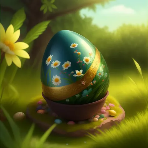 a group of colorful eggs sitting in the grass on the ground with flowers on (them:1.19) and daisies on the eggs, bamboo, blue_sky, blurry, blurry_background, blurry_foreground, branch, bush, chromatic_aberration, day, depth_of_field, floral_print, grass, jungle, ladybug, leaf, motion_blur, mushroom, nature, no_humans, on_grass, outdoors, palm_leaf, palm_tree, plant, potted_plant, sky, tanabata, tanzaku, tree, tree_shade, white_flower soft_voil painting, rendering, Studio Ghibli concept art